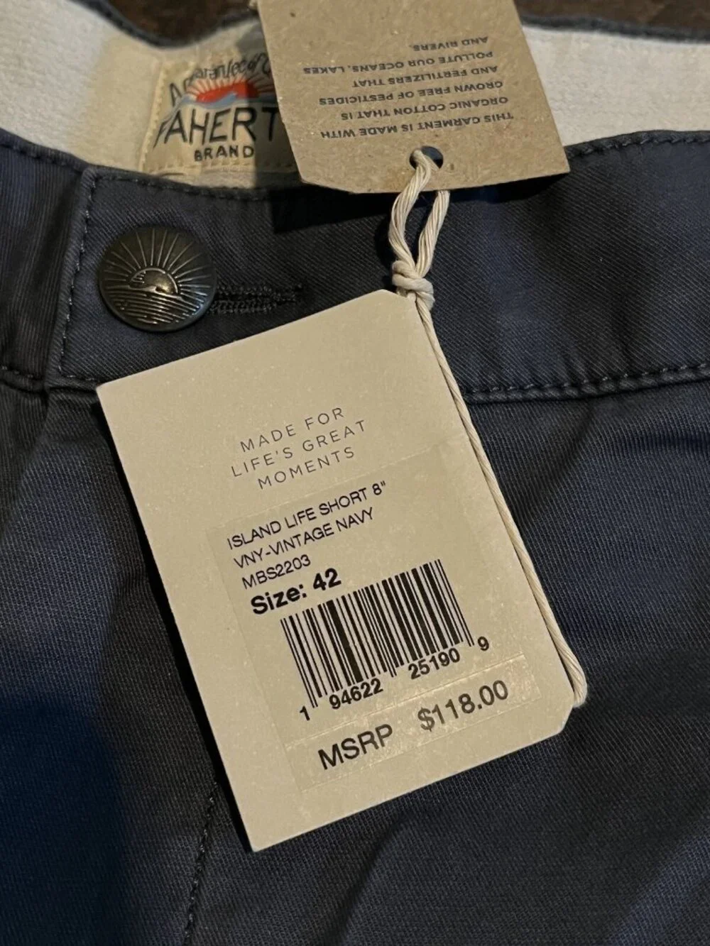 NWT Faherty Men’s Island Life 8” Shorts Navy Blue Organic Cotton Size 42 $118